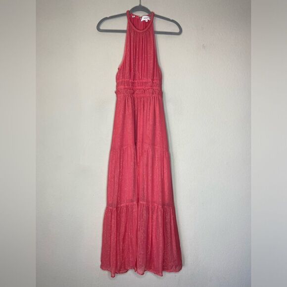 A.L.C. Elara Lurex Silk Maxi Coral Pink Dress Halter Tiered Size 2 - Picture 4 of 8